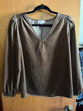 LOFT Brown Velvet V-Neck Puff Shoulder Blouse